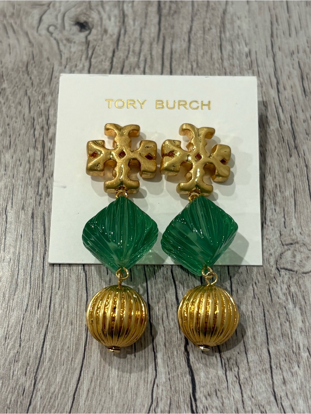 Tory Burch Green and Gold Logo Drop Earrings